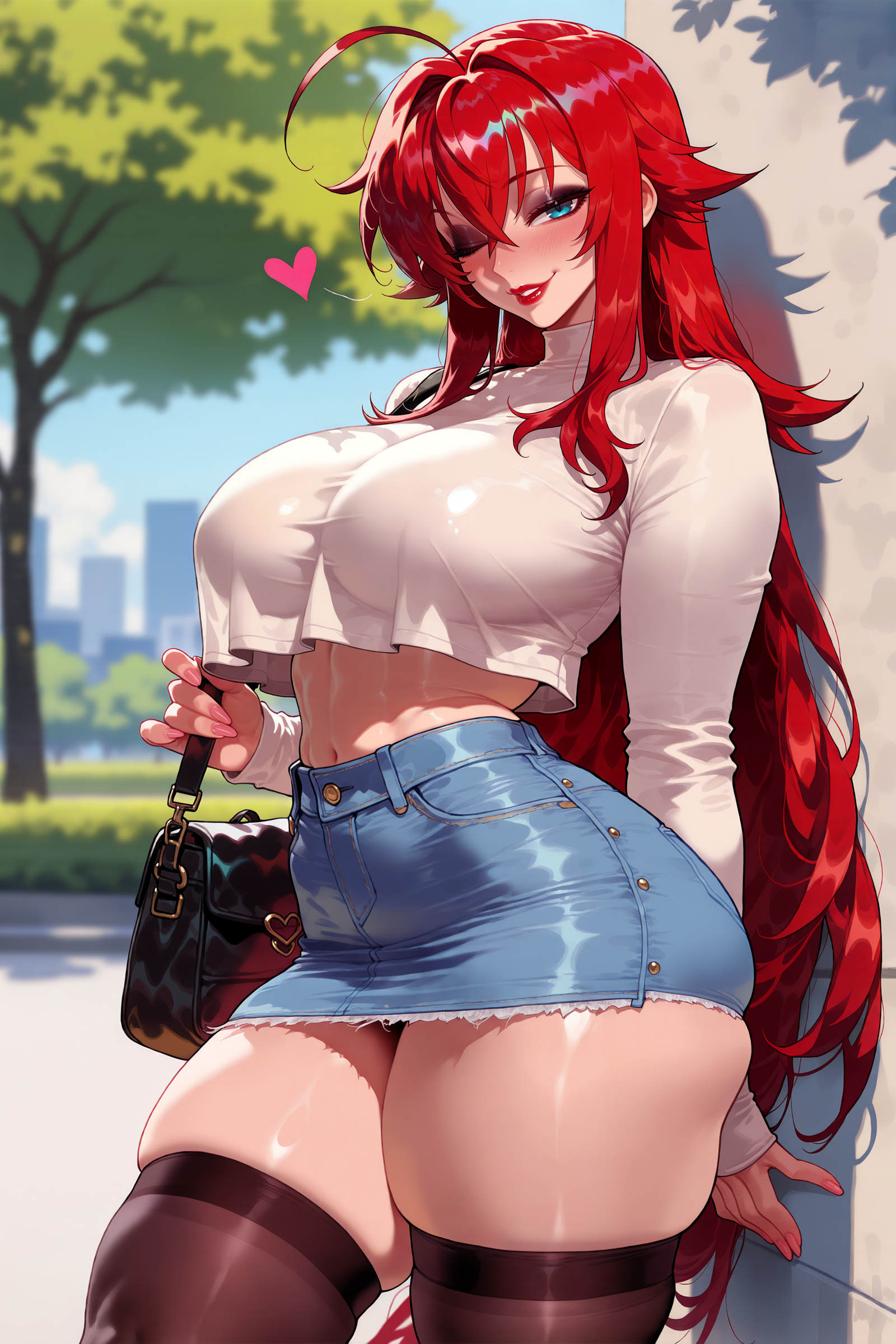 1girls, against wall, ahoge, ai generated, arzagod, bag, big ass, big breasts, black eyeshadow, blue eyes, blurry, blurry background, breasts, contrapposto, crop top overhang, curvy, curvy female, day, depth of field, eyeshadow, female, female only, heart, high school dxd, huge ass, huge breasts, large breasts, leaning on wall, legwear, lips, long hair, long sleeves, mature female, midriff, miniskirt, narrow waist, outdoors, red hair, red lips, rias gremory, shoulder bag, skindentation, sleeves, solo, solo female, stable diffusion, tagme, taut clothes, thick thighs, thighhighs, thighs, tree, very long hair, wall, wide hips, wind
