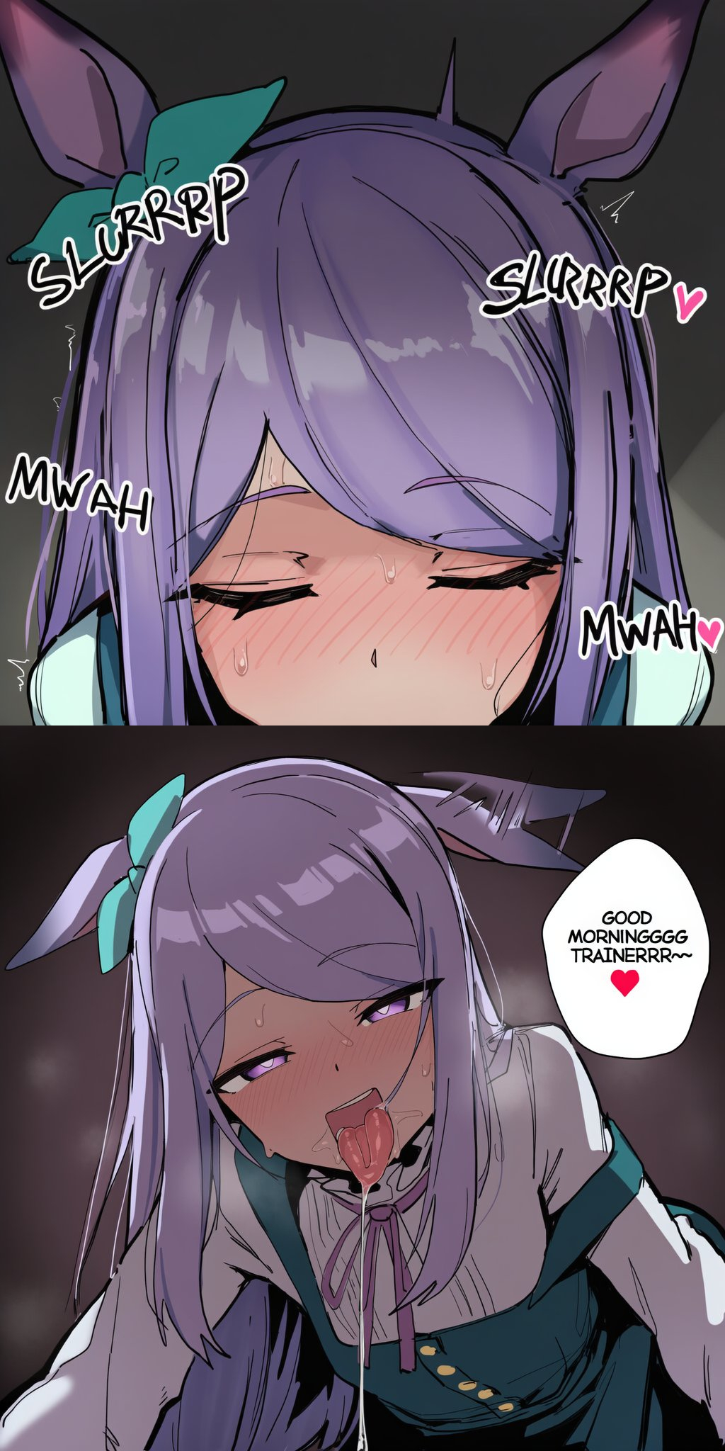 1boy, 1girls, 2d, ai generated, animal ears, blush, breasts, closed eyes, comic, dress, ear ribbon, english, english text, fellatio, female, green ribbon, half-closed eyes, heart, heart-shaped pupils, hetero, horse ears, horse girl, implied fellatio, implied oral, long hair, looking at viewer, male, male/female, mejiro mcqueen (umamusume), motion blur, motion lines, open mouth, oral, pinafore dress, pov, purple eyes, purple hair, ribbon, saliva, saliva string, saliva trail, shirt, sloppingslurpie, small breasts, speech bubble, spoken heart, steam, sweat, symbol-shaped pupils, text, tongue, tongue out, twitching, umamusume, umamusume pretty derby, white shirt