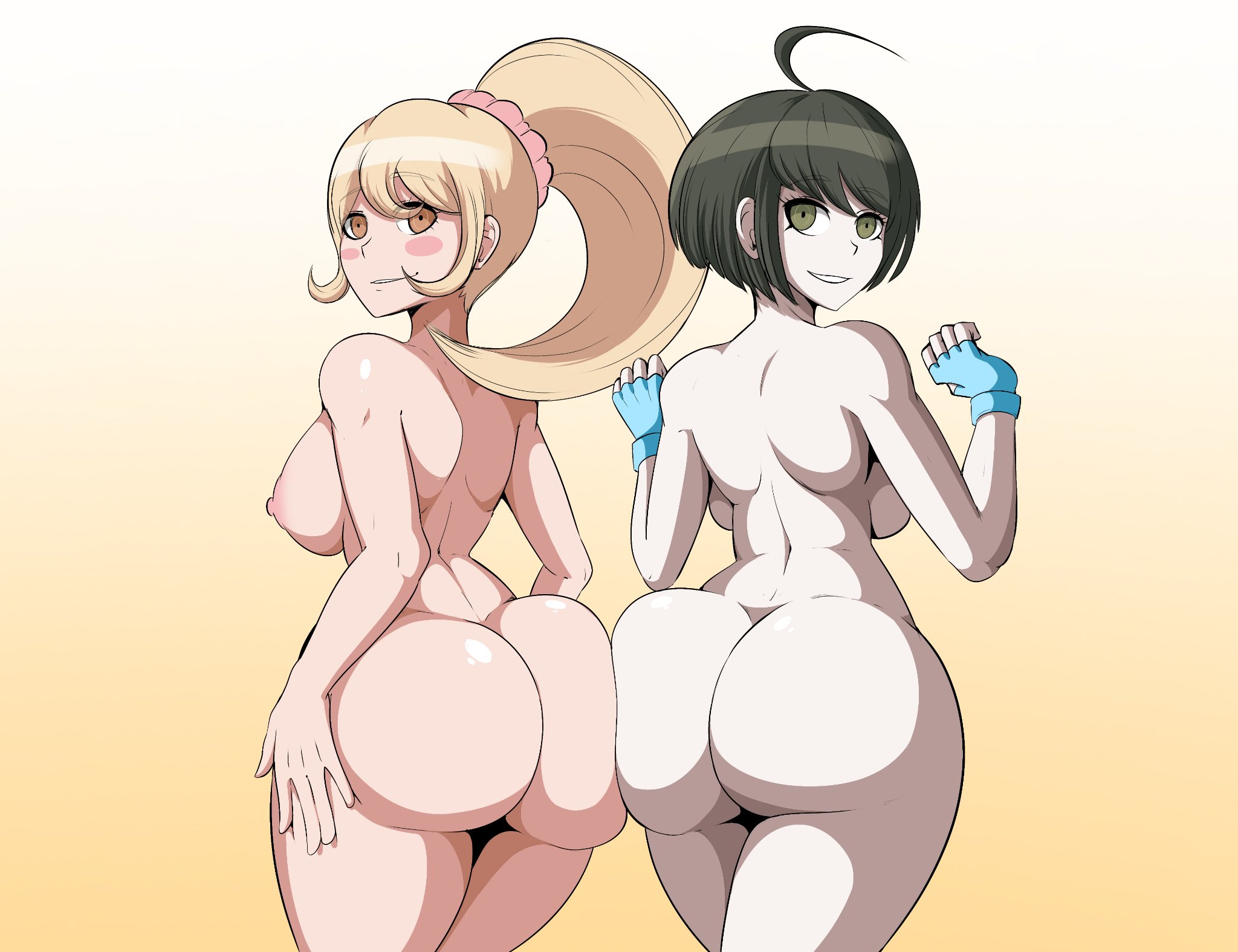 2girls, ahoge, alternate version available, arms at sides, ass, big ass, big butt, black hair, blonde hair, blue gloves, breasts, danganronpa, danganronpa 2: goodbye despair, danganronpa ultra despair girls, female, female only, fingerless gloves, from behind, hair ornament, human, looking back, multiple females, multiple girls, naegi komaru, naked, naver, nipples, nude, nude female, pink hairband, ponytail, saionji hiyoko, shortstack, straight hair, tagme