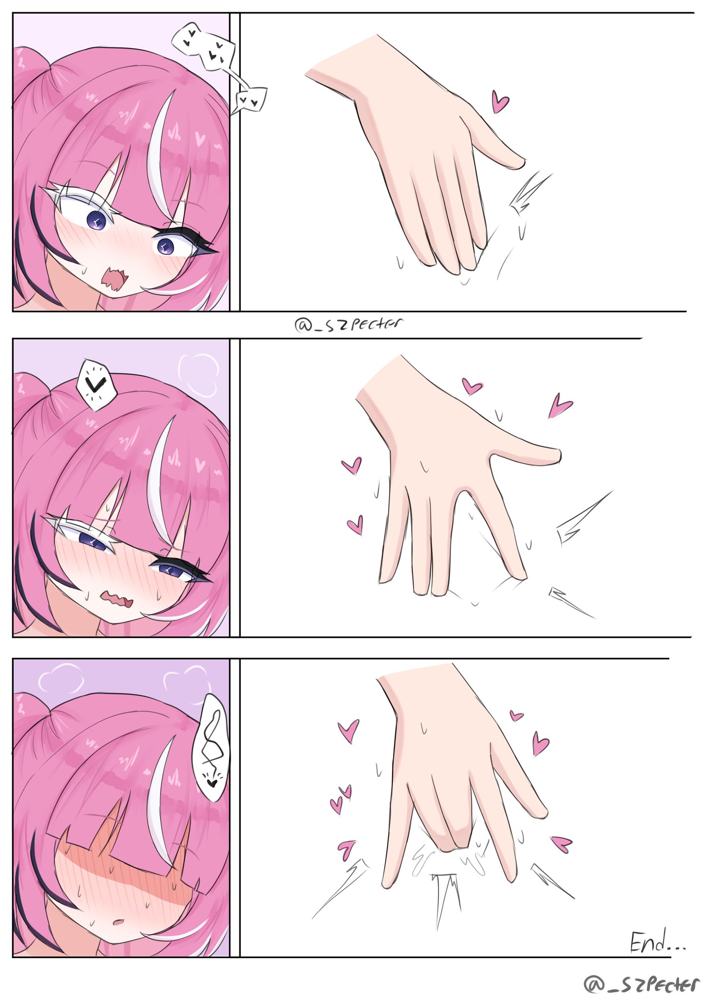 3 panel comic, artist name, blush, blushing, camila (vtuber), fingering, fingers, hand, heart, heart symbol, imminent masturbation, imp, indie virtual youtuber, masturbation, pink hair, purple eyes, rubbing, rubbing pussy, solo, solo female, solo focus, spreading pussy, szpecter, tagme, tagme (source), text, virtual youtuber, vtuber, vtuberfanart