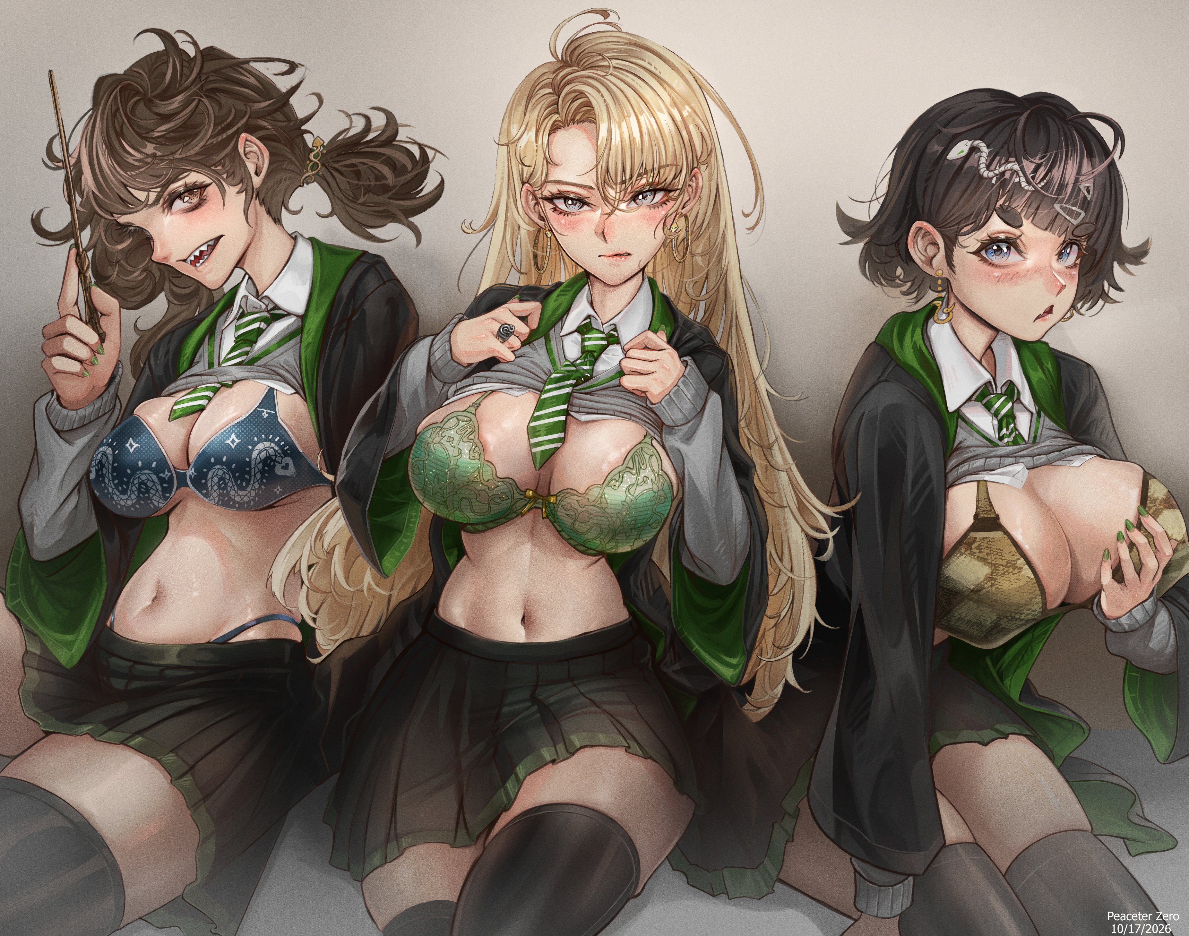 3girls, artist request, breasts, draco malfoy, draco malfoy (redteneri), female, female focus, female only, genderswap, gregory goyle, harry potter, large breasts, light skin, light-skinned female, looking at viewer, rule 63, thick thighs, thighs, vincent crabbe, wide hips