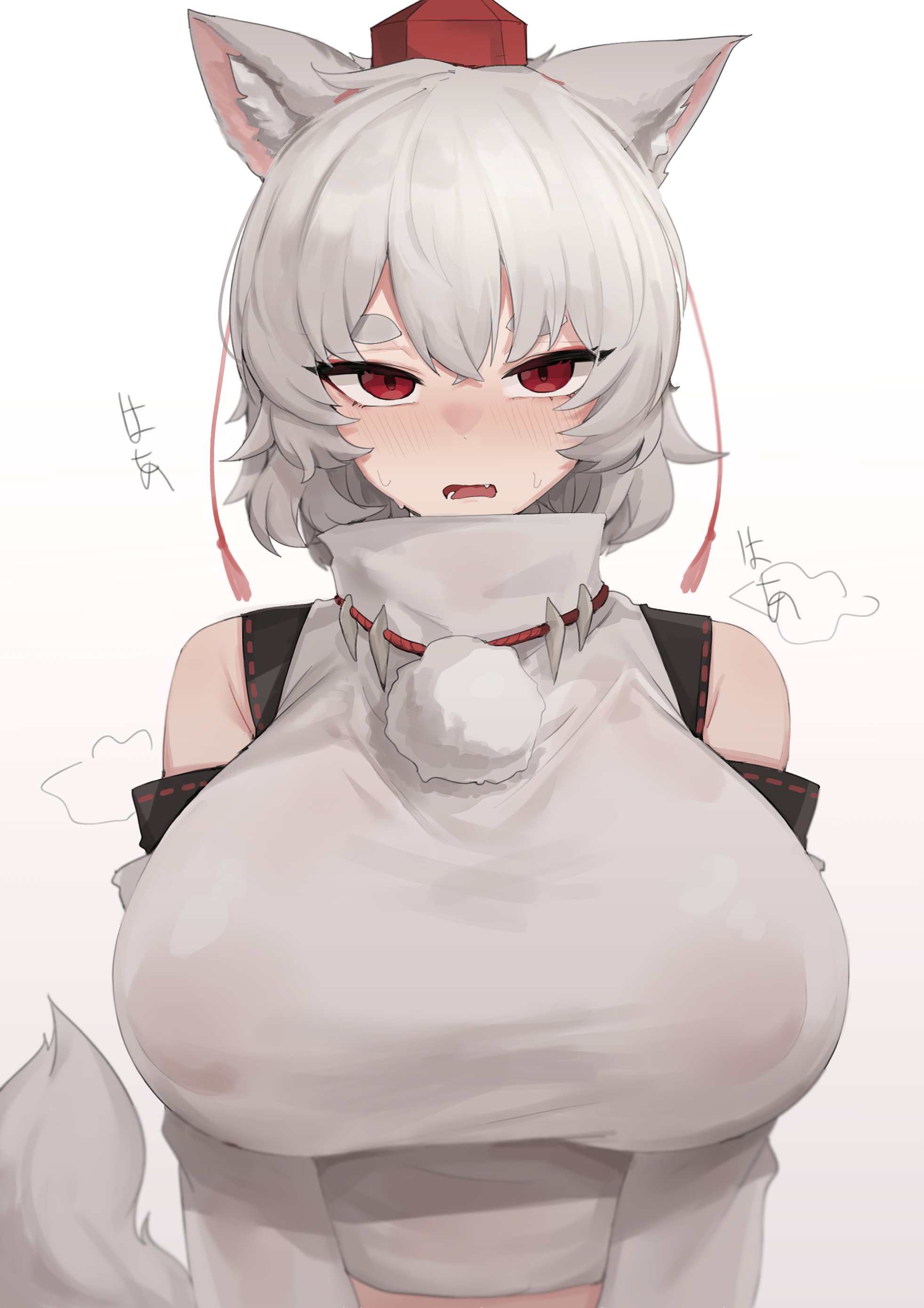 1girl, 1girls, animal ears, bare shoulders, big breasts, blush, blush lines, blushing, blushing at viewer, breasts, breath cloud, crop top, detached sleeves, fang, fluffy, fluffy ears, fluffy tail, fog, gurenola, hat, high collar, japanese clothes, large breasts, layered sleeves, ligh blush, long sleeves, mini hat, momiji inubashiri, nipple bulge, nipples, no bra, no underwear, pom pom (clothes), pom poms, red eyes, short hair, simple background, skin fang, sleeveless, sleeveless shirt, small hat, solo, solo female, solo focus, steam, steamy, steamy breath, sweat, sweatdrop, sweating, tail, tengu, thick eyebrows, tiny hat, tokin hat, touhou, turtleneck, upper body, upper body focus, upper body only, white background, white hair, wide sleeves, wolf, wolf ears, wolf girl, wolf tail, youkai