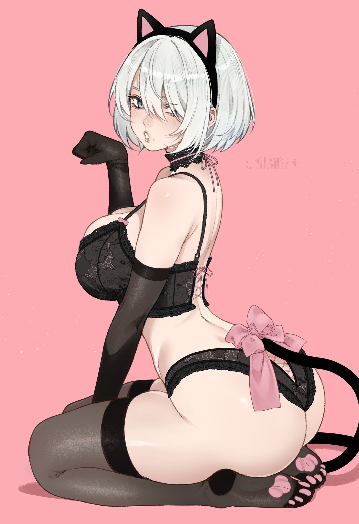 2d, 2d (artwork), android, android girl, arched back, bangs over eyes, bangs over one eye, blue eyes, blushing, cat ears, cat girl, cat tail, catgirl, child bearing hips, feet, furry ears, furry feet, furry tail, hairband, hourglass figure, hourglass figured female, kneeling, kneeling on ground, kneeling position, large ass, large breasts, lingerie, lingerie bra, lingerie only, lingerie panties, looking at viewer, looking back, medium breasts, nier, nier (series), nier: automata, pawns, posing, posing for picture, posing for the viewer, slim waist, stockings, tagme, teasing, teasing viewer, thick, thick ass, thick hips, thick legs, thick thighs, thigh strap, thighhighs, three-quarter view, underwear, video game character, white hair, wide hips, wide thighs, yllande, yorha 2b