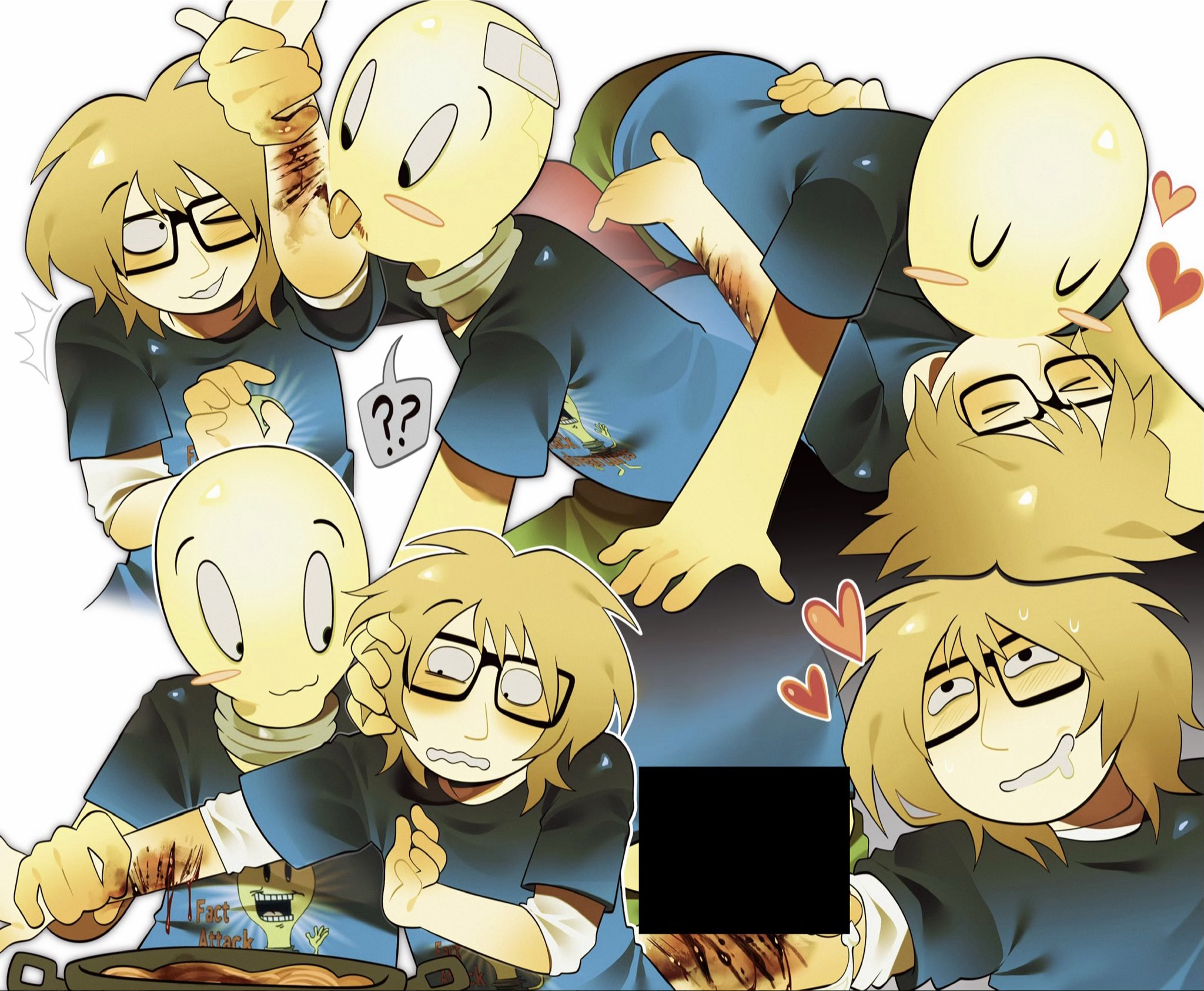??, 1boy, 1other, bandage, bandage on head, bleeding, blonde hair, blood, blue shirt, blush, blushing, blushing at partner, censor bar, censored, censored penis, cum, cum on arm, cuts, cuts on arms, dialogue bubble, drool, drooling, fact attack adventures, facty (fact attack adventures), for a head, glasses, gore, green pants, heart, heart symbol, hearts, kissing, laying on partner, licking arm, licking blood, lightbulb (fact attack adventures, nonbinary, nonbinary (lore), object head, on top of another, ryona, self harm, self harm fetish, self harm scars, spaghetti, tagme, what the fuck