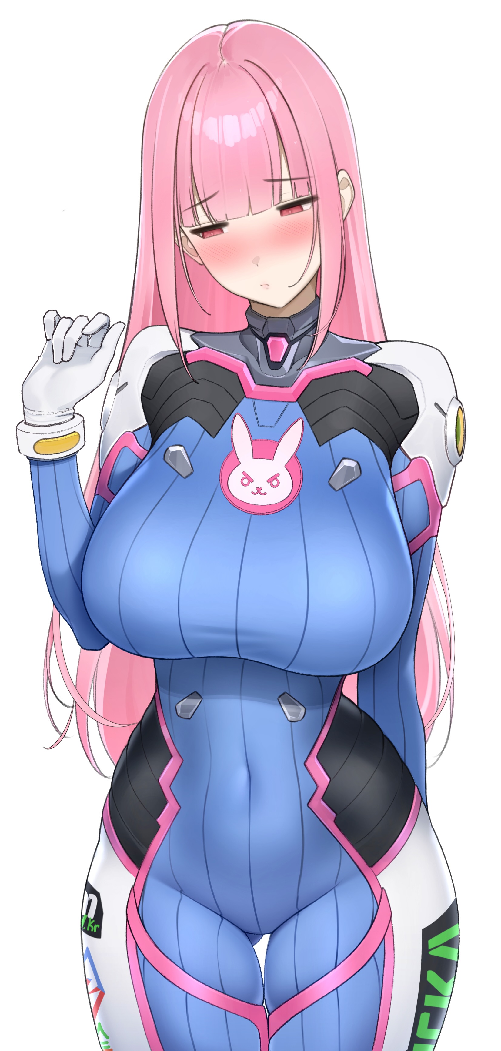1girls, arm at side, ass, ass from the front, bangs, big breasts, blunt bangs, bodysuit, breasts, breasts bigger than head, busty, busty female, clothed, clothed female, cosplay, costume, crotch, d.va (cosplay), eyebrows, eyebrows visible through hair, eyelashes, female, female focus, hand up, head tilt, hips, hololive, hololive english, hololive myth, huge breasts, large breasts, legs together, light skin, light-skinned female, logo, long hair, looking down, mori calliope, mouth closed, narrow waist, navel, navel visible through clothes, nervous, overwatch, pink eyes, pink hair, prab, simple background, skintight bodysuit, solo, solo focus, standing, thick thighs, thigh gap, thigh squish, thighs, thighs together, tihghs, virtual youtuber, voluptuous, voluptuous female, white background, wide hips