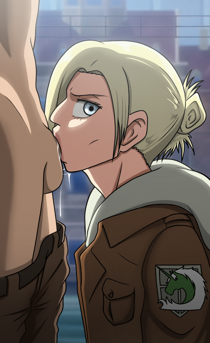 1boy, 1girls, annie leonhardt, aquiline nose, attack on titan, blonde female, blonde hair, blonde-haired female, blue eyes, cock sleeve, deepthroat, deepthroat holder, deepthroat no hands, fellatio, female, kneeling, male, new epic artist, no gag reflex, oral, penis, petite, saliva, saliva trail, shingeki no kyojin, skinny, slim, sloppy, teenager, throat bulge, tied hair, unseen male face