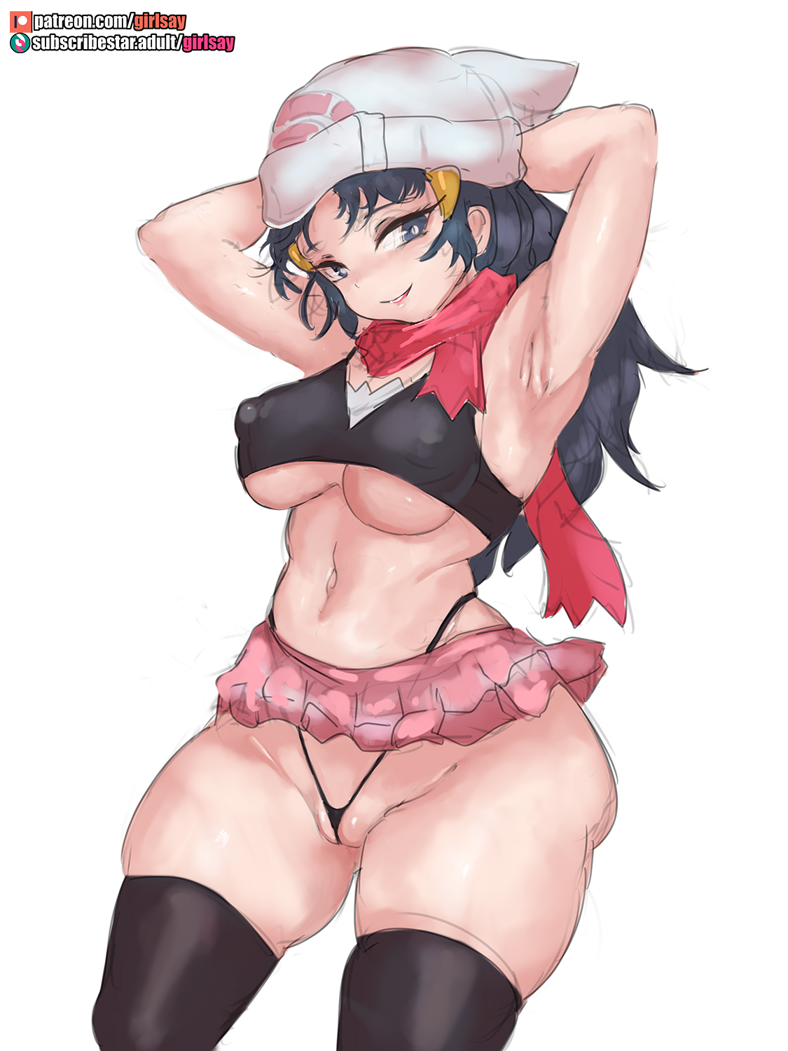 1girls, armpits, blue eyes, blue hair, breasts, dawn (pokemon), erect nipples, erect nipples under clothes, eye contact, female, girlsay, hat, long hair, looking at viewer, miniskirt, nintendo, nipple bulge, nipples, pokemon, pokemon dppt, revealing clothes, skirt, smile, solo, standing, thick thighs, thighhighs, thighs, thong, white background, wide hips