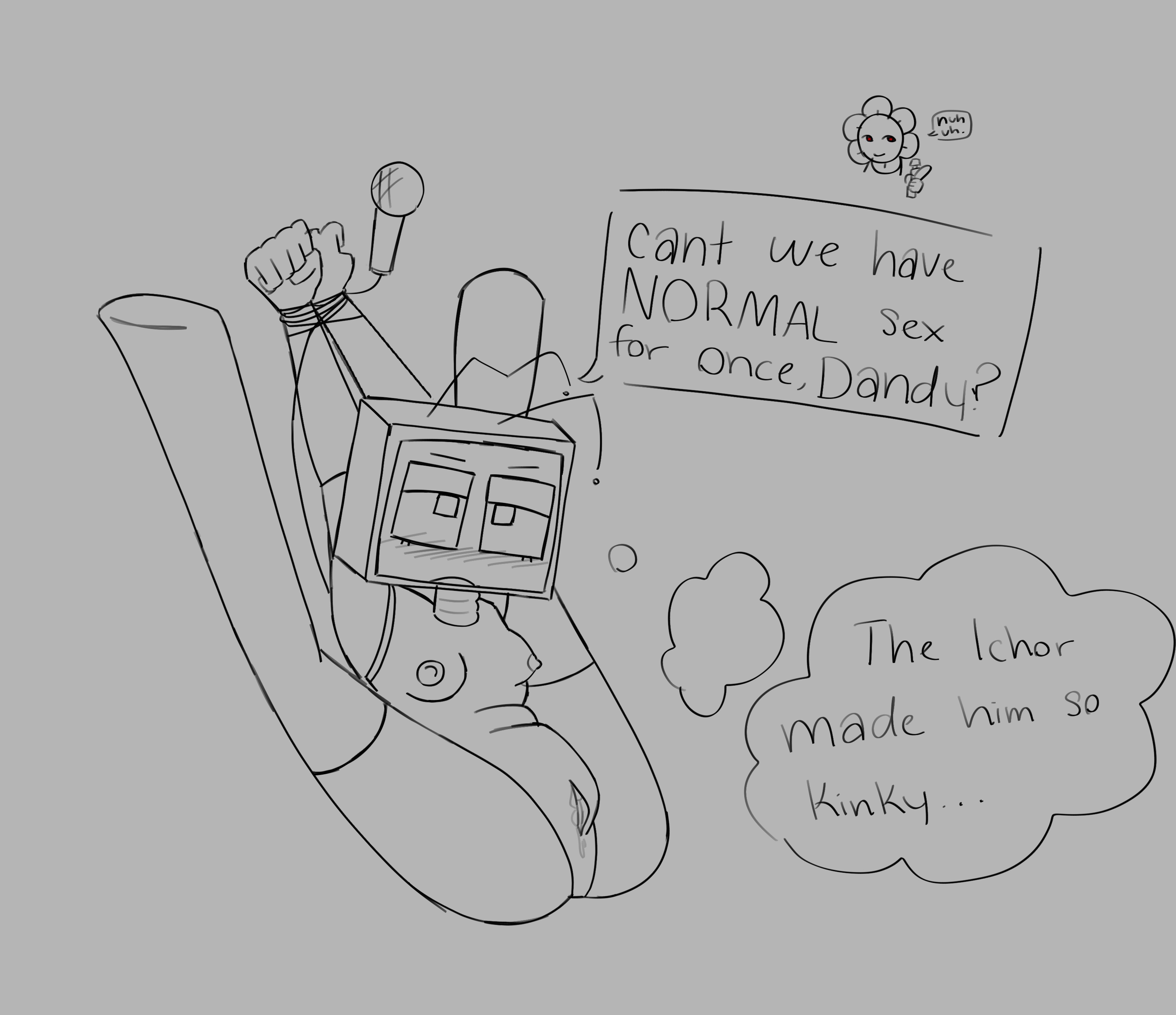 blush, dandy (dandy's world), dandy's world, embarrassed, f0r31g4n, female, legs up, robot girl, thigh highs, tied hands, vee (dandy's world)
