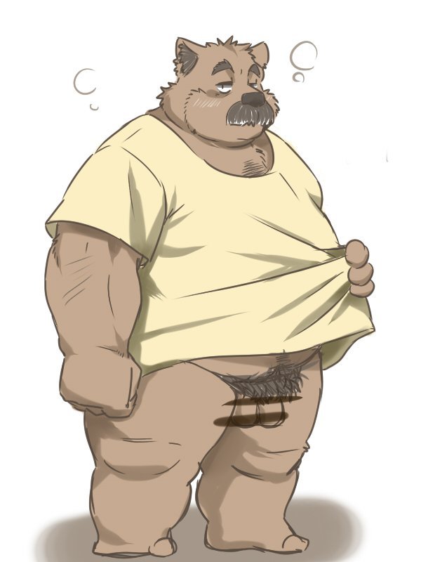 2016 3:4 anthro balls brown_body censored clothing facial_hair flaccid genitals humanoid_genitalia humanoid_hands humanoid_penis inunoshippo kemono male mammal mature_male morbidly_obese moustache obese obese_male overweight overweight_male penis pubes shirt simple_background solo topwear ursid white_background