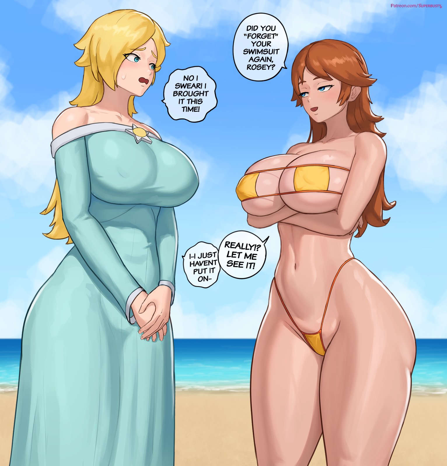 2girls, beach, breasts, dialogue, female, female only, huge breasts, human, jpeg, mario (series), nintendo, princess daisy, princess rosalina, superbusty, text