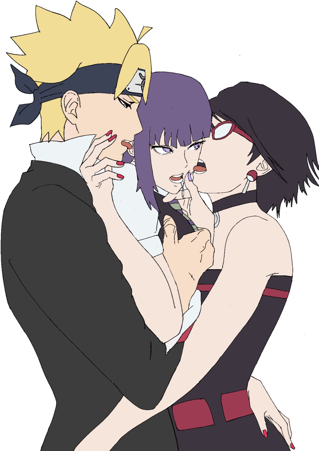 1boy, 2girls, boruto: two blue vortex, clothed, clothed female, clothed male, female, imminent kiss, kakei sumire, male, multiple girls, naruto, naruto (series), onyxycl, sarada uchiha, threesome, uzumaki boruto