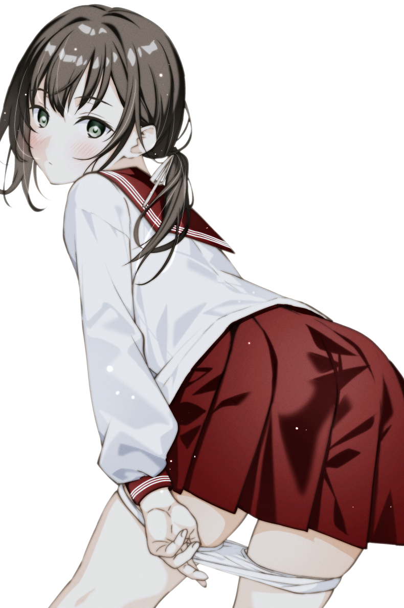 brown_eyes brown_hair female long_hair looking_at_viewer moonsorrow original panties pleated_skirt sailor sailor_collar school_uniform serafuku shirt skirt underwear undressing