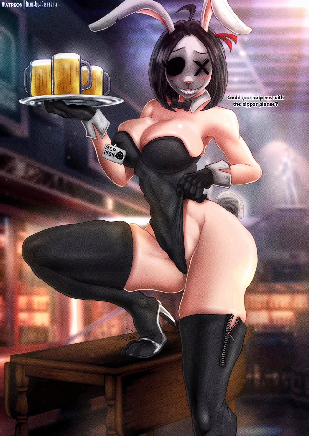 2d 2d_(artwork) beer bluewolfartista bunnygirl leotard posing scp-1903 scp_foundation