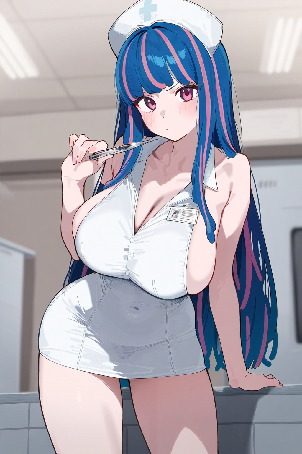 1girls ai_generated bare_arms bare_legs bare_shoulders bare_thighs big_breasts blush clothed clothing color female female_focus female_only hi_res ishin large_breasts light-skinned_female light_skin long_hair looking_at_viewer multicolored_hair nurse nurse_uniform one_piece pink_eyes shounen_jump solo solo_female tagme thick_thighs ulti_(one_piece)