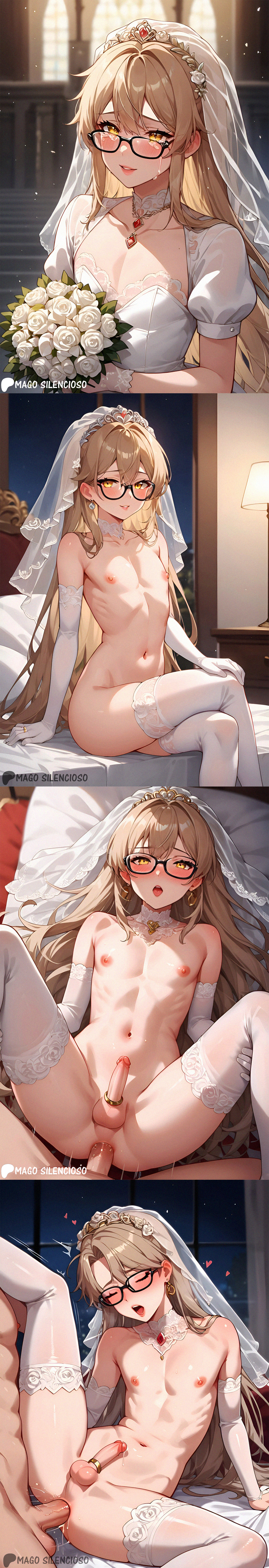 ai generated, anal sex, cock ring, femboy, flat chest, leaking precum, magosilencioso, male, male bride, male wife, missionary position, moaning, nipples, original character, otoko no ko, penis, sissy, trap, wedding dress, wedding lingerie
