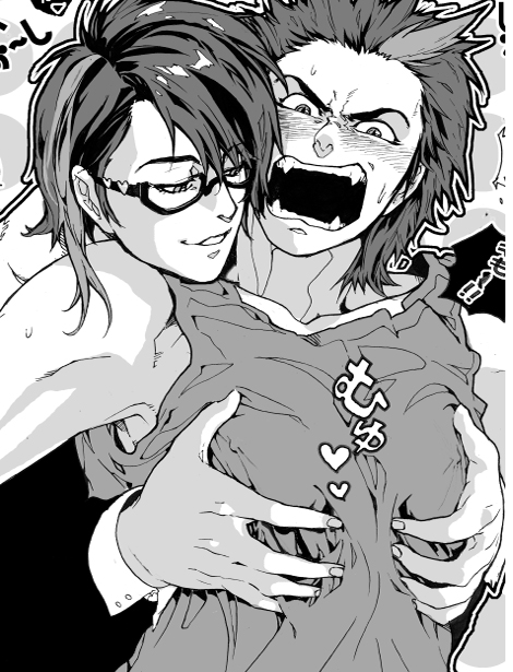 2boys angry black_hair blush fangs glasses grabbing_another's_breast greyscale grin groping heart hug hug_from_behind humanized kamen_rider kamen_rider_den-o_(series) long_hair m-ryotaro male_focus momotaros monochrome multicolored_hair multiple_boys pectoral_grab pectorals ryotaro_nogami shocked smile smug spiked_hair suit sweat tank_top technical_selfcest u-ryotaro unko_yoshida urataros yaoi yelling yelling_at_another