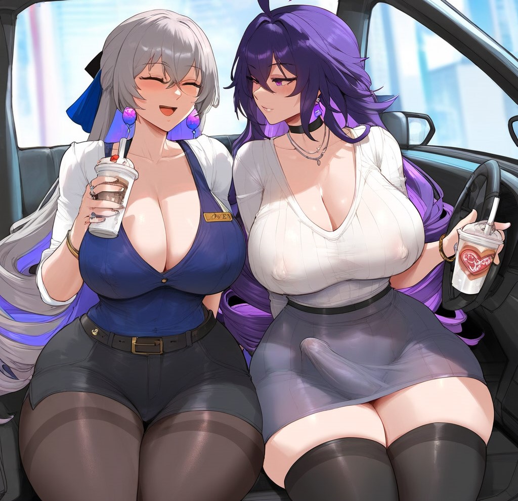 1girls 2girls ai_generated bronya_rand bronya_zaychik bulge_grab bulge_through_clothing erection_under_clothes futanari honkai:_star_rail racerai seele_(honkai:_star_rail) yuri