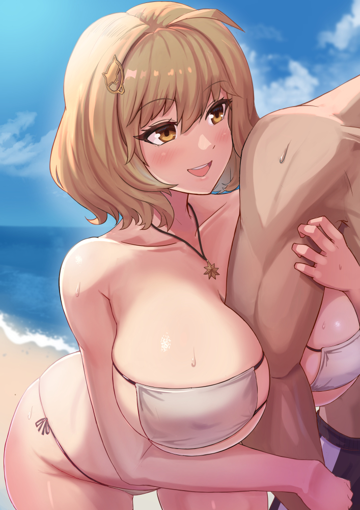 1boy 1girls :d ahoge anis_(nikke) anis_(sparkling_summer)_(nikke) arm_between_breasts bare_shoulders beach big_breasts bikini blonde_hair blush breasts brown_eyes cleavage collarbone commander_(nikke) day female fuhikari goddess_of_victory:_nikke grabbing_another&#039;s_arm huge_breasts jewelry looking_at_another mask_bikini necklace ocean official_alternate_costume open_mouth sand short_hair side-tie_bikini_bottom smile string_bikini sweat swimsuit white_bikini