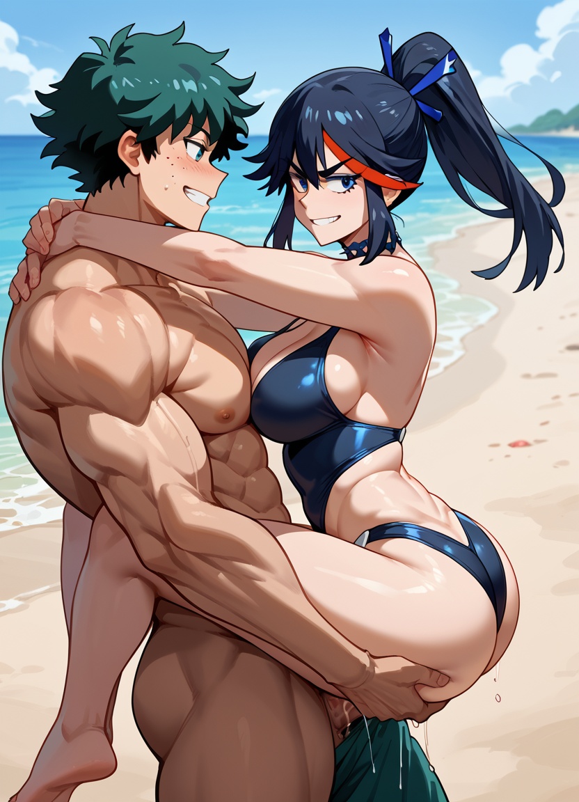 1boy 1boy1girl 1girls ai_assisted ai_generated beach beach_sex bikini blue_and_red_hair blue_eyes blue_hair carrying carrying_position clothed_female_nude_male female female_penetrated green_eyes green_hair hands_behind_neck izuku_midoriya kill_la_kill light_skin male male/female male_penetrating male_penetrating_female matoi_ryuuko muscular muscular_arms muscular_male my_hero_academia naked_male nude_male_clothed_female penis_in_pussy ponytail red_streak sex_on_the_beach stand_and_carry_position standing streaked_hair suspended_congress suspended_congress_position thick_thighs tied_hair vaginal_penetration vaginal_sex