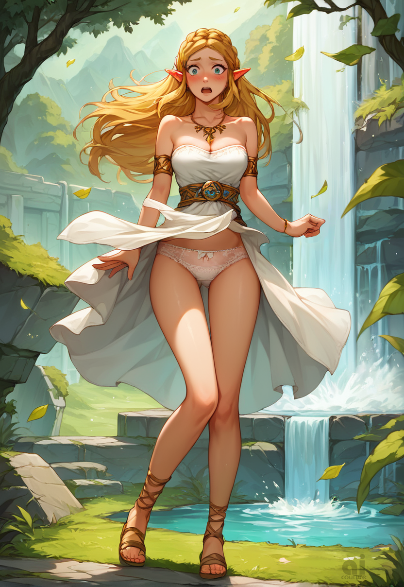 accidental_exposure ai_assisted ai_couture ai_generated blonde_female blonde_hair embarrassed exposed_panties legs nintendo pointy_ears princess_zelda surprised the_legend_of_zelda white_panties wind wind_lift zelda_(breath_of_the_wild)