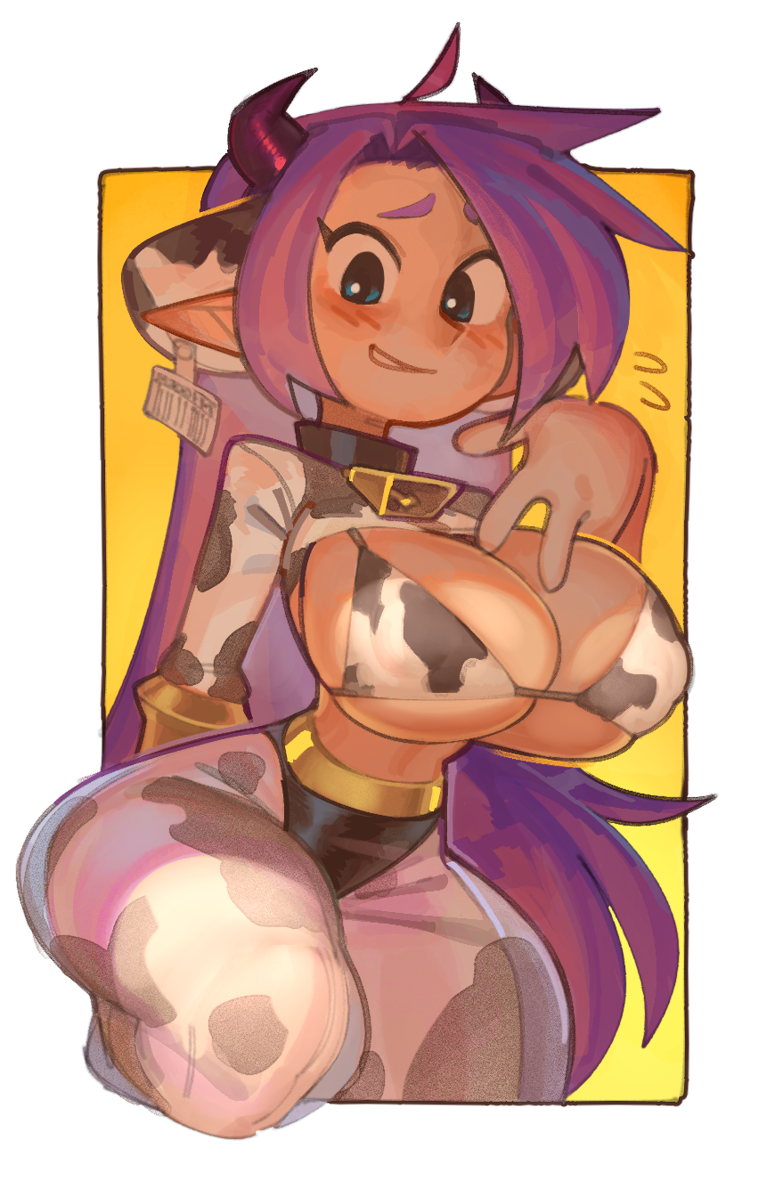 1girls big_breasts big_butt blue_eyes cleavage cow_print dark-skinned_female dark_skin embarrassed female flustered huge_breasts purple_hair shantae shantae_(character) slight_blush solo solo_female wamudraws wayforward