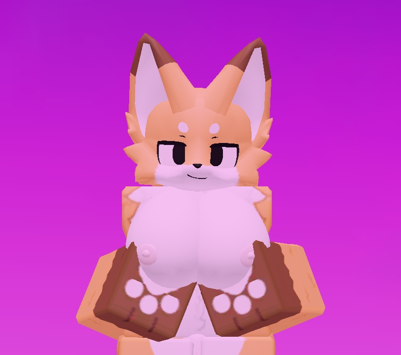 3d breast_grab fox_girl furry_female gameplay_screenshot hands_on_breasts looking_at_viewer orange_fur roblox robloxian smirk solo solo_focus tagme teasing_viewer