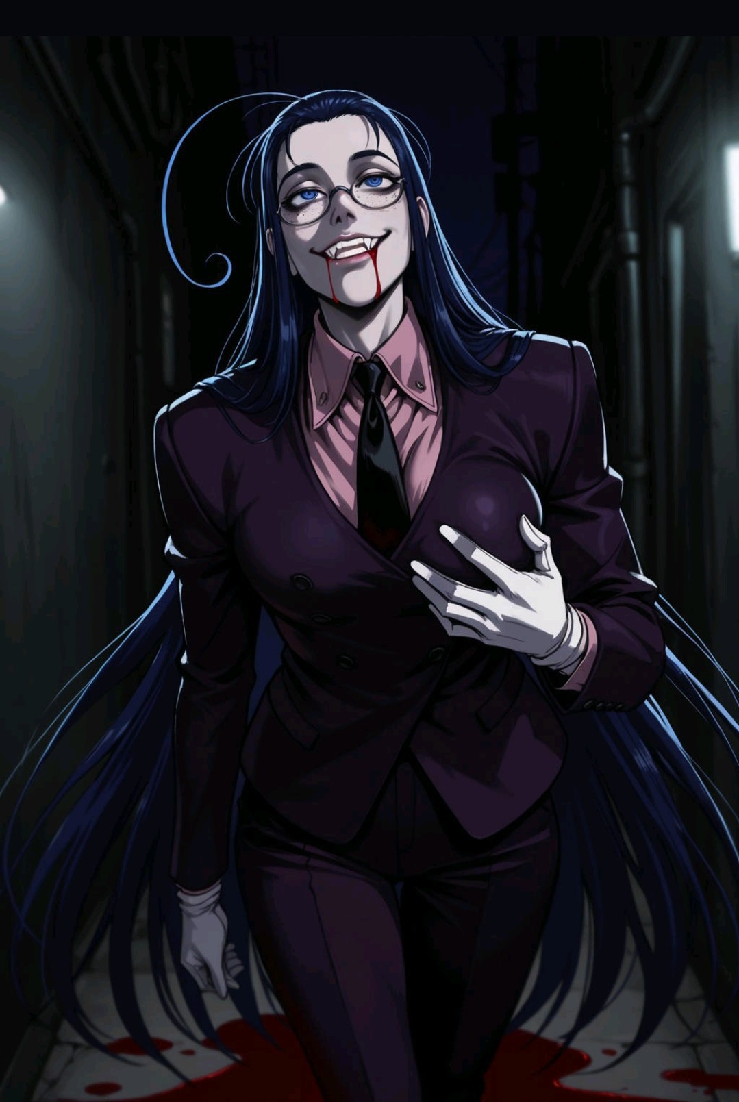 ai_generated alley antenna_hair blood blue_eyes blue_hair breasts chaesprison_(artist) clothed_female creepy german_female glasses hellsing long_hair looking_at_viewer pale-skinned_female pale_skin rip_van_winkle touching_own_breast touching_self vampire vampire_girl very_long_hair