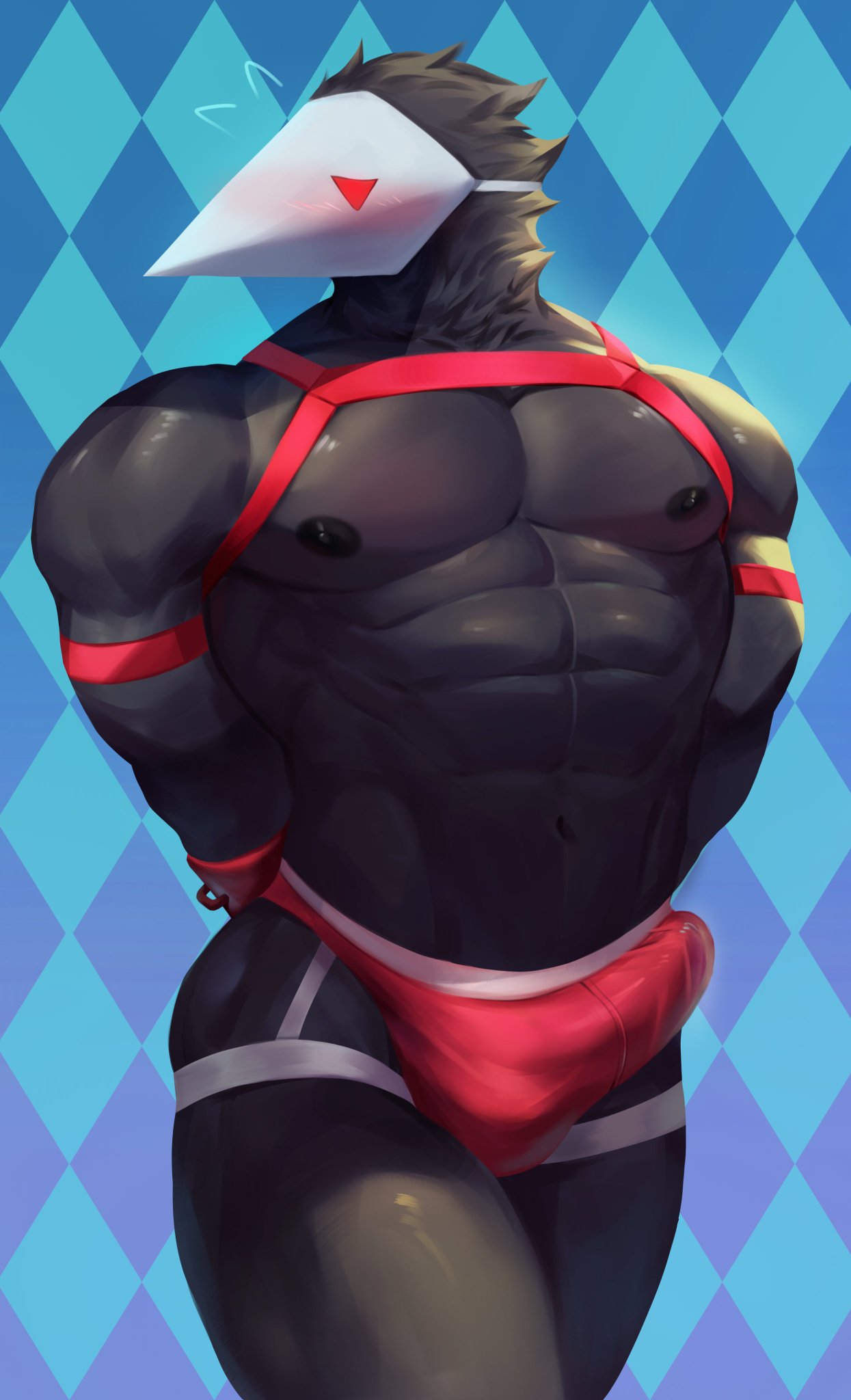 1boy abs anthro avian balls_outline biceps big_bulge bird black_body black_feathers blush bondage bound bulge clothing deltarune erection feathers genital_outline handcuffs hands_behind_back harness hi_res jockstrap kult2k male male_only mask muscular muscular_anthro muscular_male nipples pecs penis_outline red_eyes red_jockstrap restraints shackles solo surprised_expression swatchling_(deltarune) undertale_(series) underwear video_games wrist_cuff