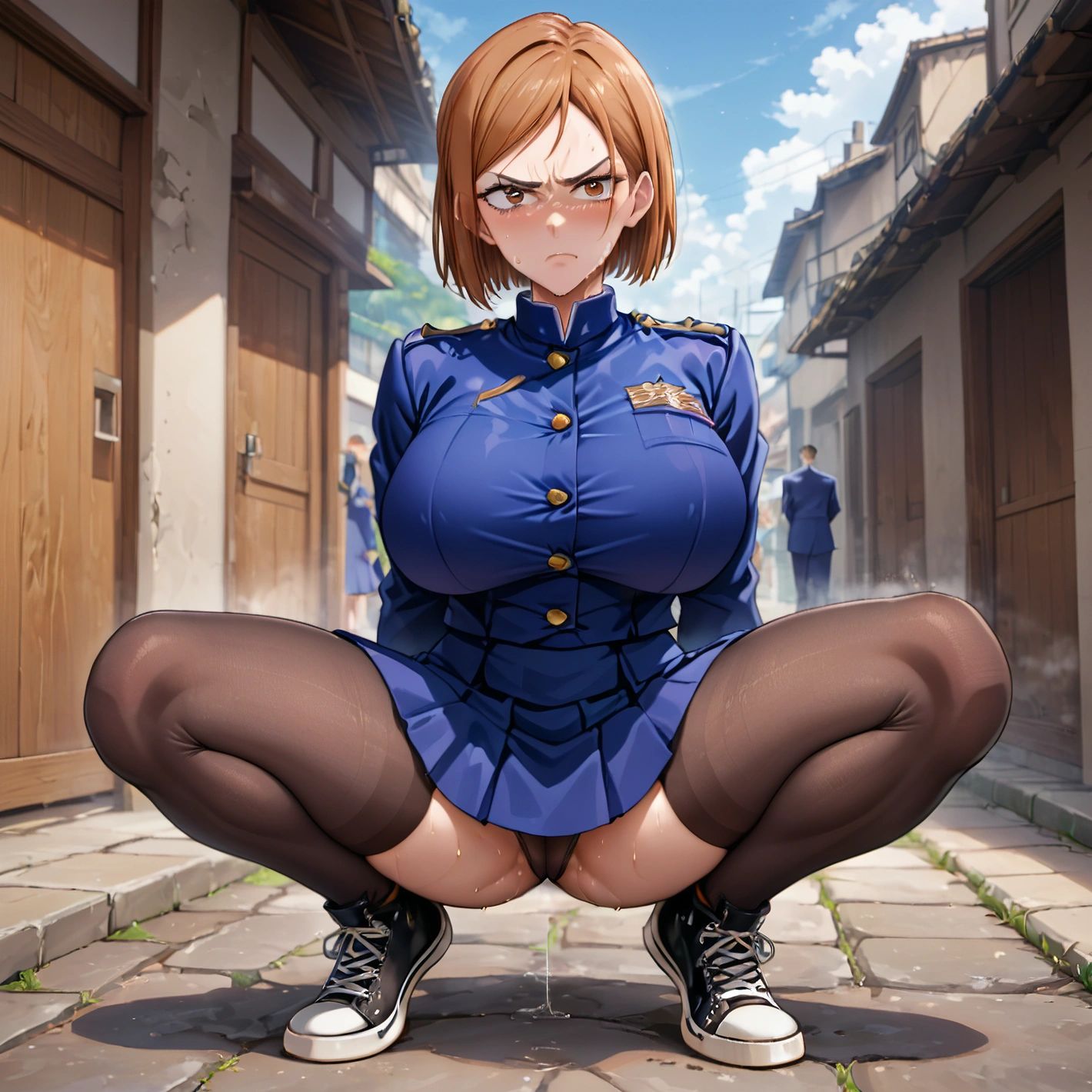 1girls ai_generated annoyed_expression background_characters big_breasts chucks_hentai_(ai) dripping_cum dripping_pussy female female_only fully_clothed human jujutsu_kaisen kugisaki_nobara solo squatting