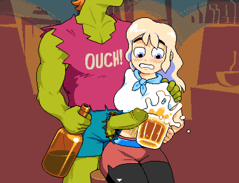 1boy 1girls amy_(final_orginity) beer beer_bottle beer_mug big_breasts blonde_hair blush breasts chair final_orginity game_cg green_skin hands_on_shoulders holding holding_beer holding_cup holding_object landlord large_breasts large_penis legwear muscular muscular_male orc orc_male penis penis_out penis_out_of_shorts roommate ropoductions scarf shocked shocked_expression sitting sitting_on_chair spill spilled_alcohol spilled_drink spilled_liquid spilling_drink thick thick_thighs thighs wide_hips