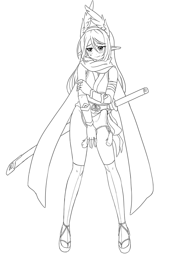 1boy armwear blush clothing crossdressing embarrassed erection femboy fingerless_gloves footwear gloves goushu hair katana legwear long_hair long_hair_male male male_only otoko_no_ko solo solo_male sweatdrop sword topwear trap weapon