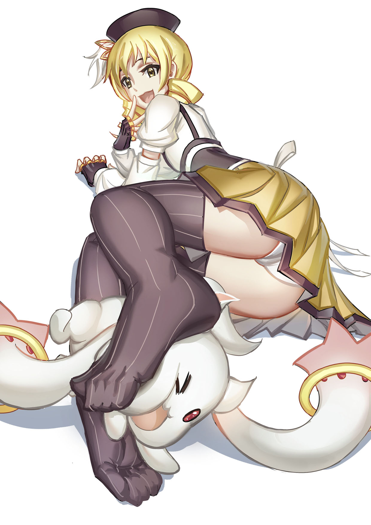 ass blonde_hair feet feet_on_face feet_together flat_chest flexible_toes fully_clothed legs magia_record:_mahou_shoujo_madoka_magica_gaiden magical_girl revenge rubbing shoes_removed short_hair skirt skirt_up soles_of_feet_in_socks stockings streamingsun thighs toes tomoe_mami underwear