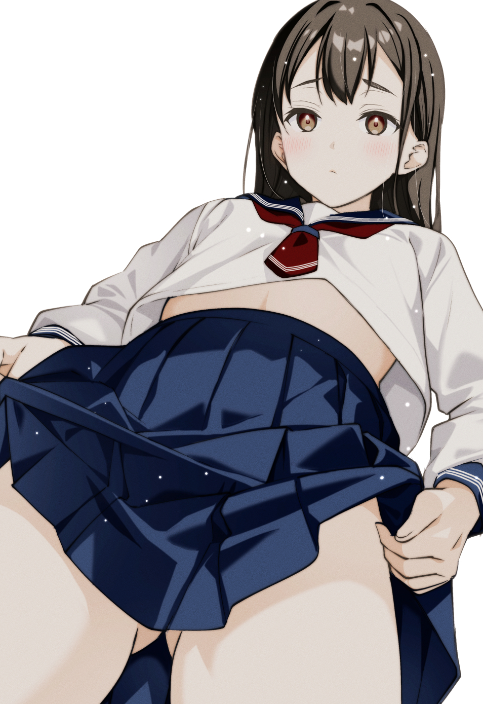 ass_visible_through_thighs brown_eyes brown_hair clothes_lift commentary female from_below highres lifting_own_clothes long_hair looking_at_viewer midriff midriff_peek moonsorrow no_panties original panties pleated_skirt sailor sailor_collar school_uniform serafuku shirt skirt skirt_lift stomach thighs underwear undressing