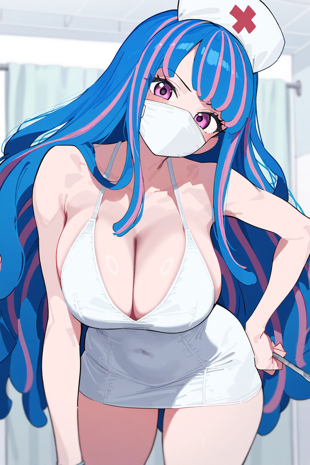 1girls ai_generated bare_arms bare_legs bare_shoulders bare_thighs big_breasts blush clothed clothing color female female_focus female_only hi_res ishin large_breasts light-skinned_female light_skin long_hair looking_at_viewer mask multicolored_hair nurse nurse_cap nurse_uniform one_piece pink_eyes shounen_jump solo solo_female tagme thick_thighs ulti_(one_piece)