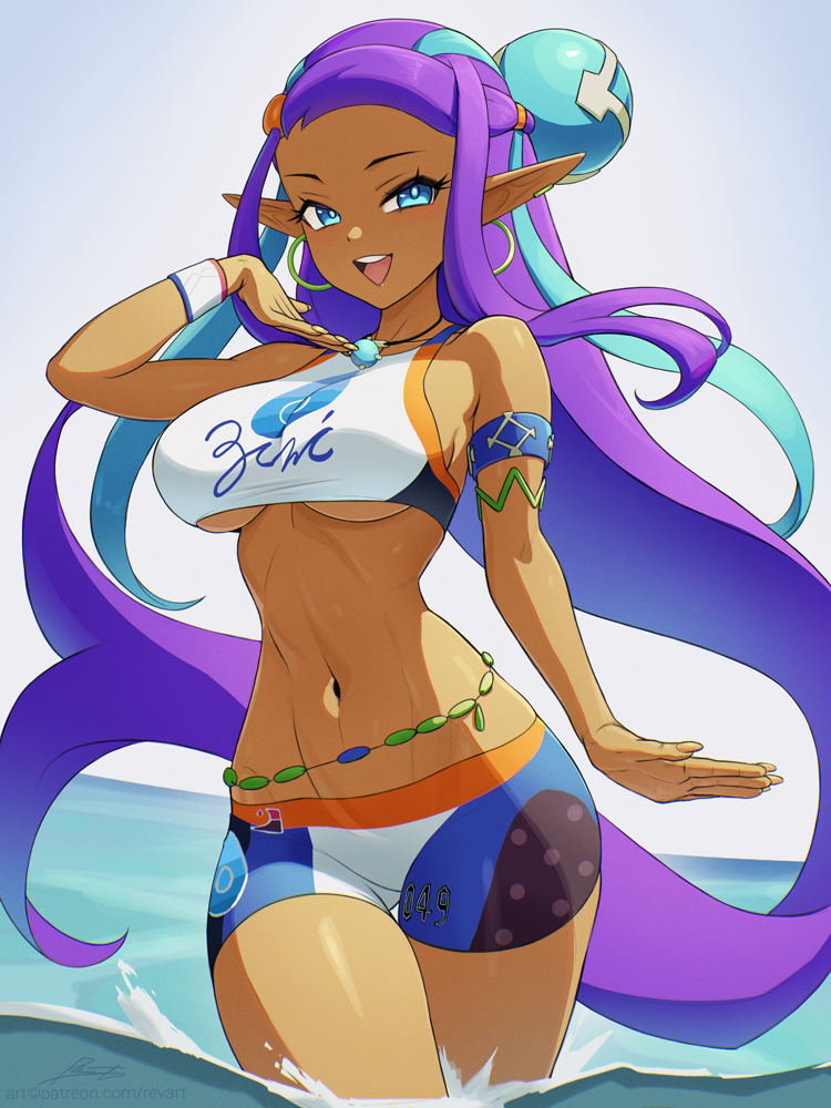 bare_shoulders blue_eyes blue_shorts breasts cosplay crop_top cropped_shirt dark-skinned_female dark_skin female large_breasts long_hair midriff navel nessa_(pokemon) nessa_(pokemon)_(cosplay) partially_submerged pointy_ears pokemon pokemon_swsh purple_hair revenantart shantae shantae_(character) shirt shorts solo thighs very_long_hair white_shirt white_shorts