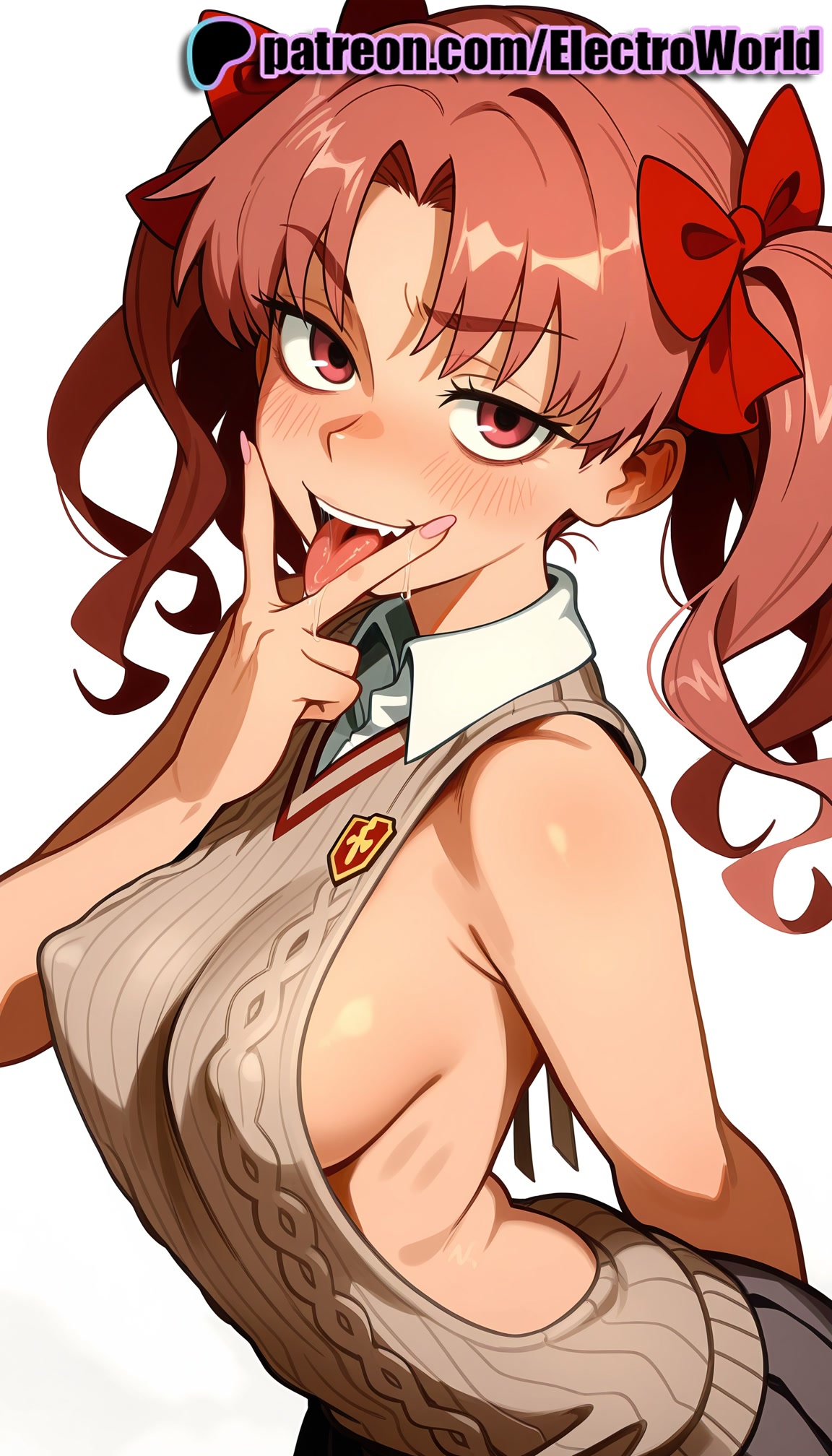 1girls, 2025, ai generated, aran sweater, artist name, backless outfit, bare shoulders, blush, bow, breasts, brown hair, bust, chest, electroworld, female, hi res, high quality, high resolution, highres, licking, meme attire, naughty face, patreon, patreon username, ribbed sweater, shirai kuroko, sideboob, solo, stable diffusion, sweater, to aru kagaku no railgun, to aru majutsu no index, tongue, tongue out, twintails, virgin killer sweater, watermark
