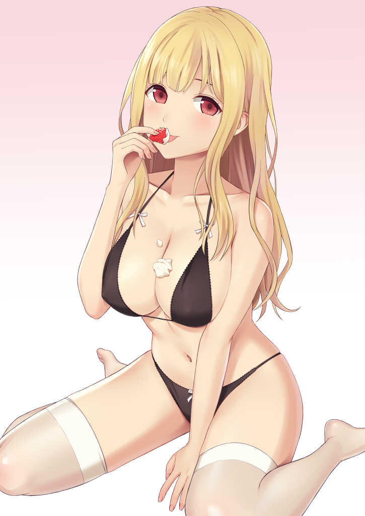 1girls black_underwear blonde_hair cleavage collarbone cream cream_on_breasts ligh_blush long_hair looking_at_viewer m_legs medium medium_breasts n.g. nipple_bulge original original_character red_eyes simple_background strawberry suggestive_gesture thick_thighs thighhighs