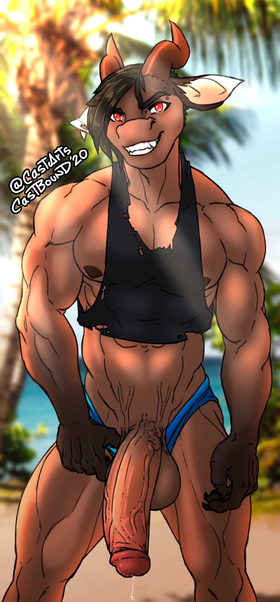 abs anthro balls beach biceps big_balls big_penis bodily_fluids brown_hair castbound clothed clothing demon detailed_background dripping genital_fluids genitals hair hi_res horn huge_cock looking_at_viewer male muscular muscular_anthro muscular_male muscular_thighs partially_clothed penis precum precum_drip relius retracted_foreskin seaside shirt solo standing tank_top topwear torn_clothing underwear underwear_down vein veiny_penis