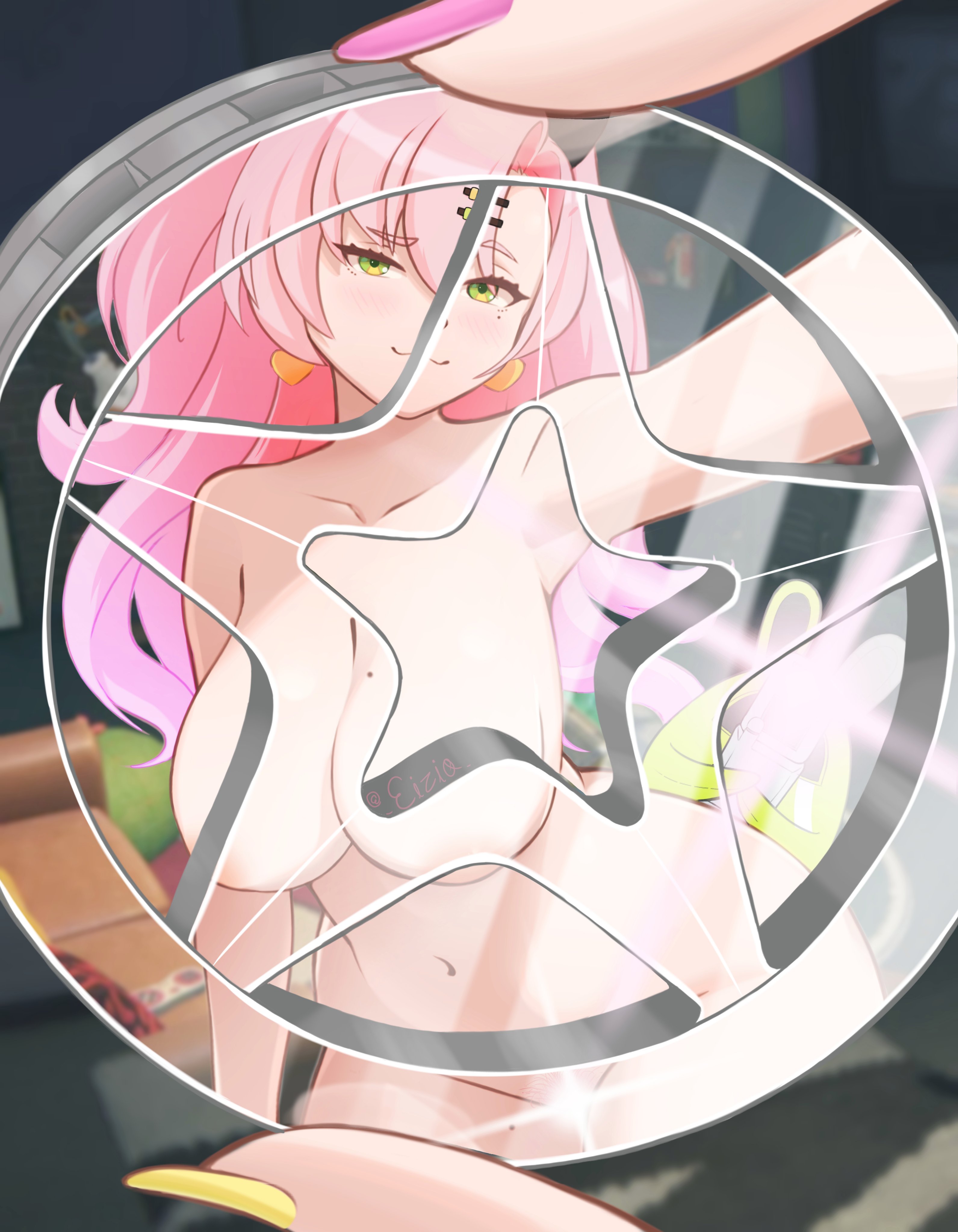 :3, 1girls, areola slip, coin, convenient censoring, earrings, eizio, green eyes, mole, mole on breast, money, navel, nicole demara, painted nails, pink hair, reflection, solo, zenless zone zero