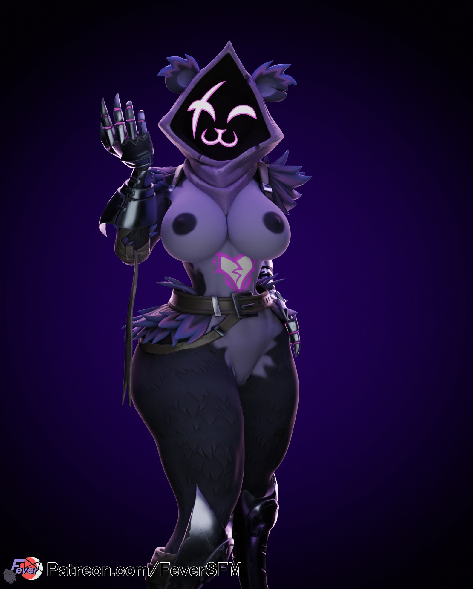 2023, 3d (artwork), 5 fingers, anthro, areola, bear, breasts, claws, clothing, digital media (artwork), epic games, eye scar, facial scar, female, female anthro, feversfm, fingers, fortnite, genitals, gloves, handwear, hi res, mammal, nipples, purple body, purple hood, raven team leader, scar, solo, text, url, vulva