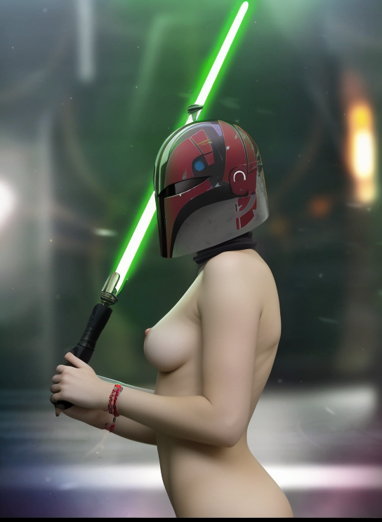 beskar breasts green_lightsaber lightsaber mandalorian_helmet nipples sabine_wren star_wars star_wars:_ahsoka star_wars_rebels