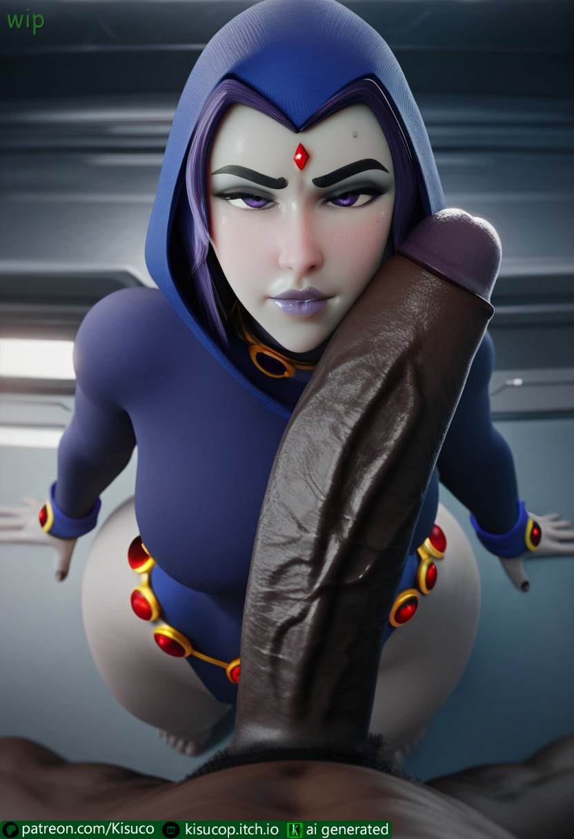 absurdly_large_cock ai_generated blue_cape blue_hood cheating_girlfriend dark-skinned_male dark_penis grey_skin hyper_penis imminent_oral impossible_fit interracial kisuco looking_at_viewer ntr penis_on_face petite_female provocative raven_(dc) sweating taller_male teen_titans touching_face veiny_penis voluptuous_female wip