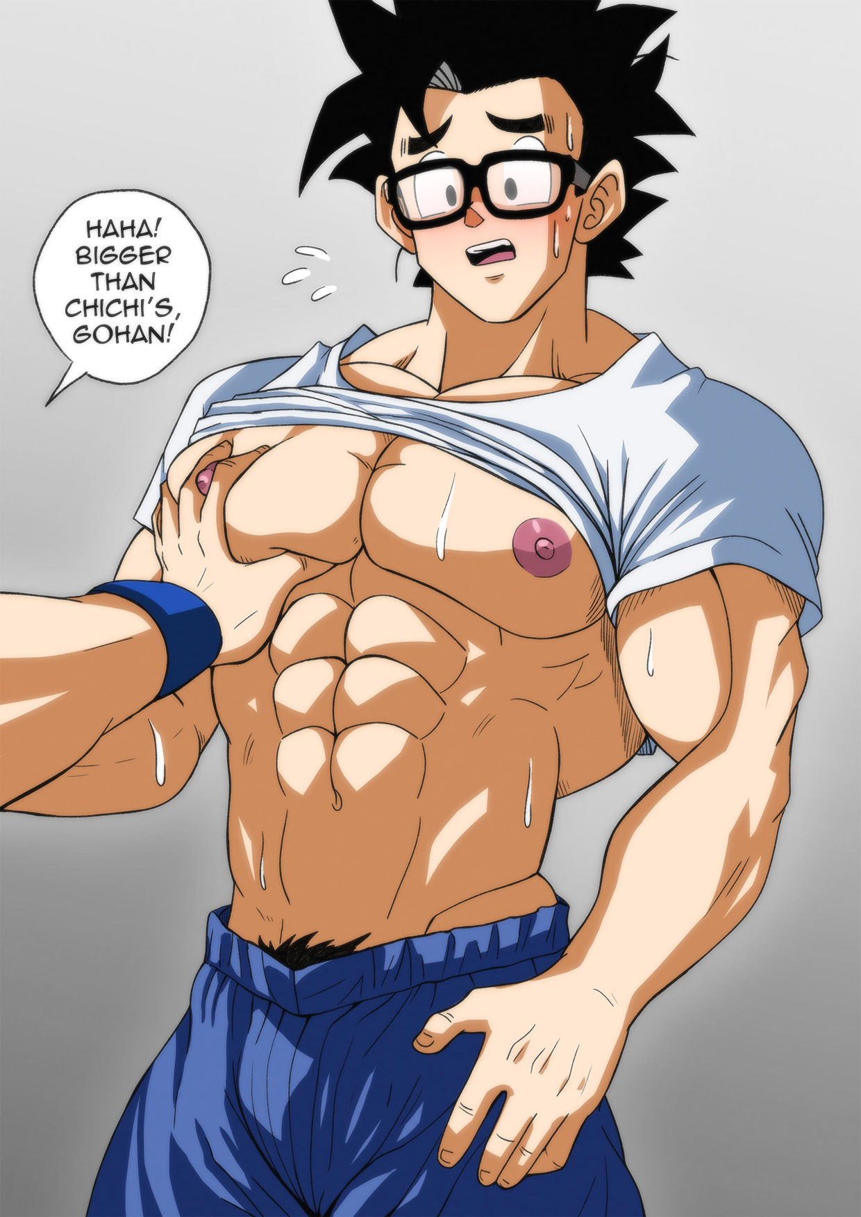 2boys, abs, biceps, big breasts, black hair, chest, dragon ball, dragon ball super, dragon ball z, excited, father and son, gay, gay male, glass, glasses, male, male focus, male/male, muscles, muscular, muscular arms, muscular male, nipples, open mouth, pecs, pecs grab, pecs touching, pubic hair, shirt, shirt up, son gohan, son goku, sweat, sweating, sweaty, sweaty body, text, touching breast, touching nipples, undressing, yaoi