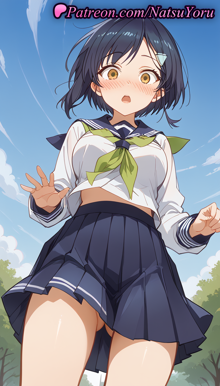 1girls ai_generated anime anime_style asian ass_visible_through_thighs bangs black_hair blue_hair blue_sailor_collar blue_skirt blue_sky blush breasts brown_eyes bust busty cloud cowboy_shot dark_blue_hair day female_focus female_only from_below green_neckerchief hair_clips hair_ornament hairclip hentai long_sleeves looking_at_viewer looking_down medium_breasts midriff_peek miniskirt my_deer_friend_nokotan natsuyoru neckerchief nose_blush open_mouth outdoors pleated_skirt sailor_collar sailor_uniform school_uniform serafuku shirt short_hair skirt sky solo solo_female standing surprised thighs tree tsubameya_chiharu voluptuous voluptuous_female white_shirt wide-eyed yellow_eyes