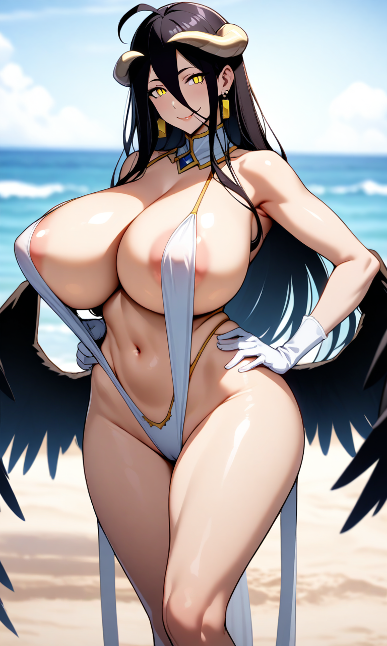 1girls ai_generated albedo_(overlord) big_breasts bikini black_hair breasts female female_focus female_only huge_breasts large_breasts light-skinned_female looking_at_viewer mature_female milf overlord_(maruyama) sling_bikini slingshot_swimsuit succubus yellow_eyes