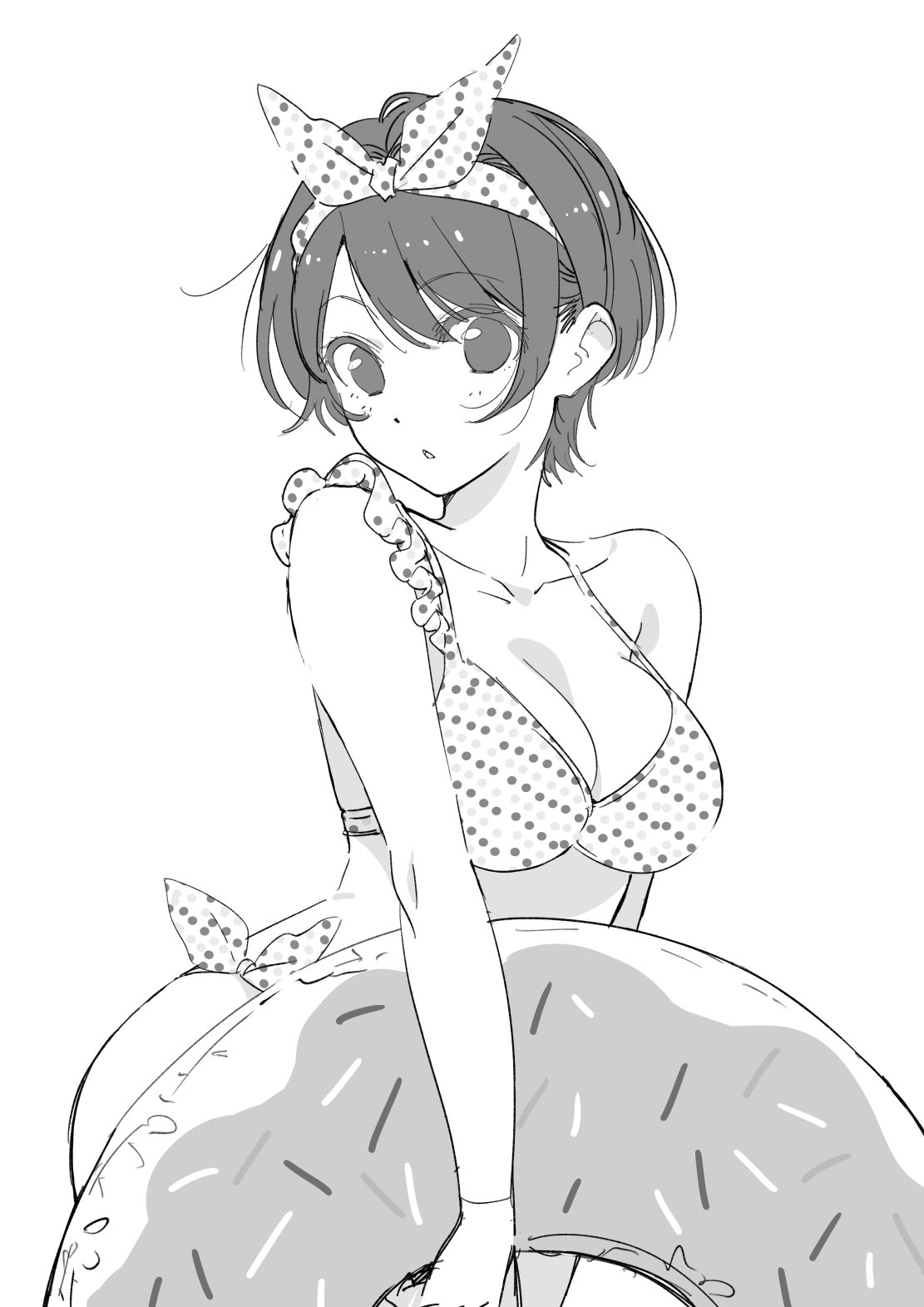 ass_visible_through_thighs bare_arms bare_shoulders big_breasts bikini black_and_white black_hair blush breasts cleavage collarbone doughnut frilled_bikini hair_ribbon hirayama_kanna kanojo_okarishimasu parted_lips polka_dot_bikini sarashina_ruka short_hair side-tie_bikini_bottom standing