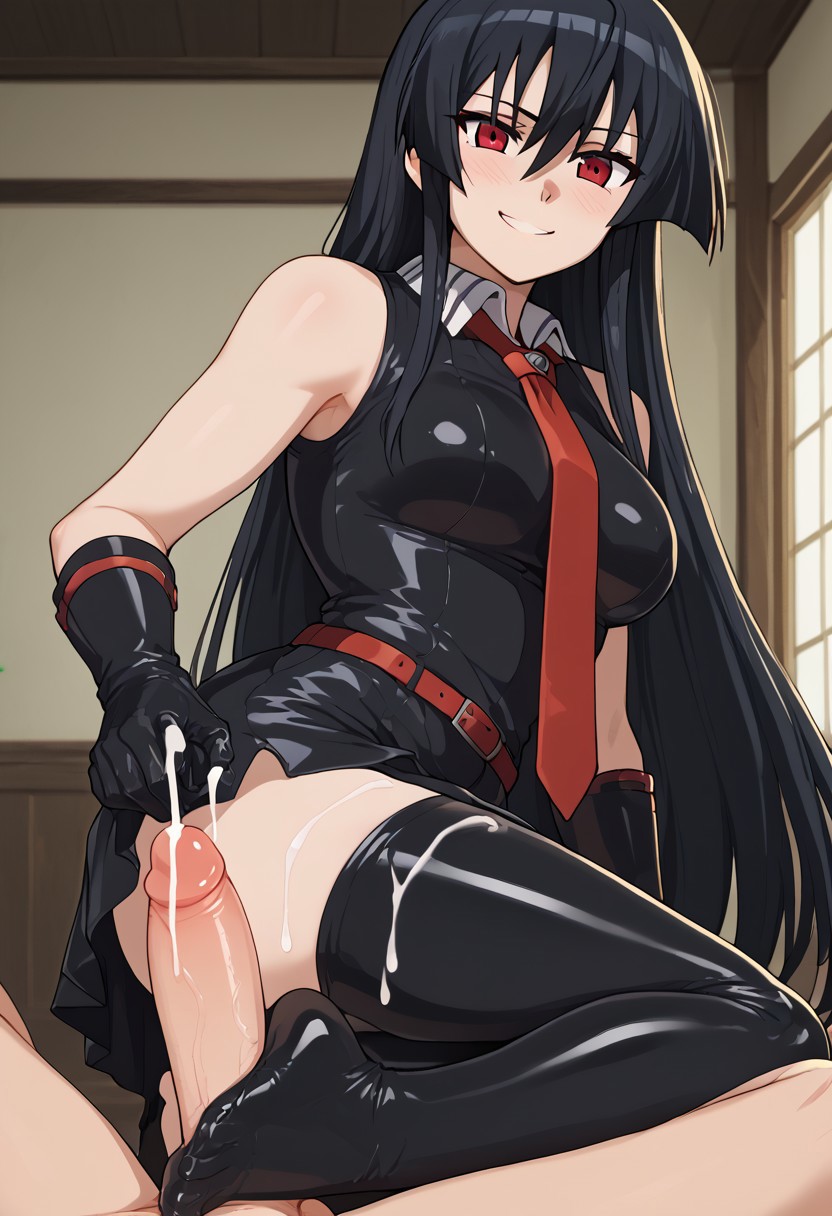 ai_generated akame_(akame_ga_kill!) akame_ga_kill! black_clothing black_hair cum cum_on_clothes feet femdom foot_fetish footjob mischievous_smile red_eyes