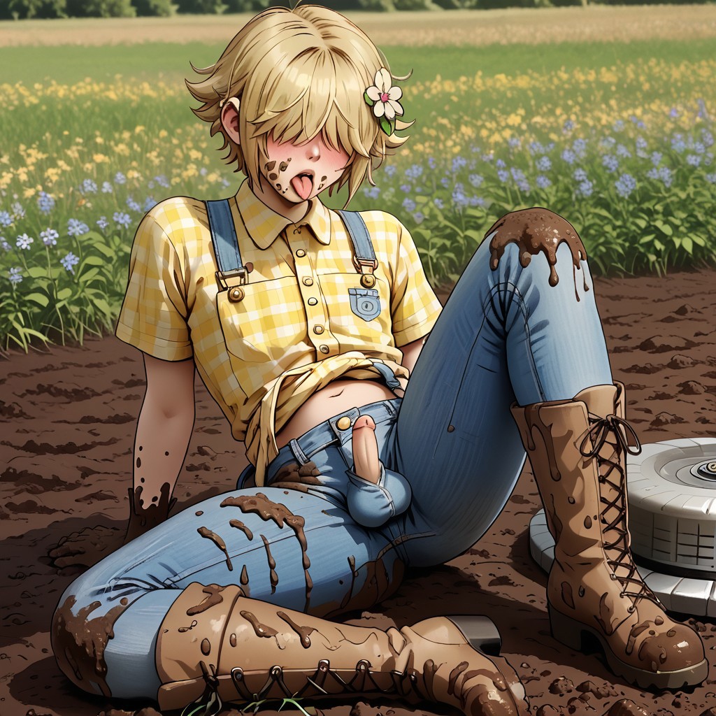 ai_generated basil_(omori) blonde_hair blue_eyes blush femboy hair_over_eyes omori sitting small_penis solo solo_focus tongue_out