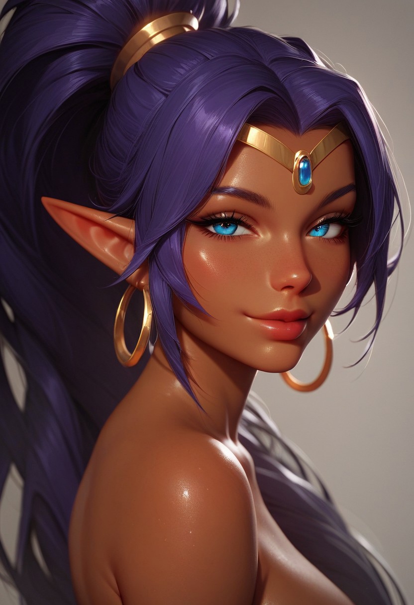 1girls ai_generated blue_eyes circlet dark-skinned_female dark_skin female_only genie hoop_earrings long_hair pointy_ears ponytail purple_hair shantae shantae_(character) shiny_hair shiny_skin smile solo tagme tiara