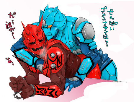 2_horns 2boys 3_horns anal anal_sex arm_around_neck arm_around_partner armor armored_male artist_request bent_over bent_over_surface black_eyes blue_armor blush bodysuit bondage clothed clothed_sex cuffed cuffed_wrists cuffs gay gay_anal gay_sex half-lidded_eyes handcuffed handcuffs heavy_breathing imagin japanese_text kamen_rider kamen_rider_den-o_(series) looking_back looking_back_at_partner male/male male_focus male_only momotaros no_visible_genitalia oni oni_horns open_mouth orange_eyes punishment red_armor red_skin removed_bottomwear restrained_wrists source_request sweat sweating translated urataros white_pupils yaoi